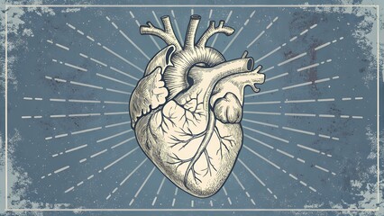 Vintage anatomical illustration of human heart with radiating blue lines symbolizing vitality, knowledge, and circulatory power