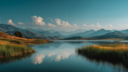 Fototapeta premium Lake reflects clouds and mountains. Nature scene, serene, idyllic. Landscape photography for travel, editorial, or web design.