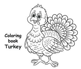 Cute turkey farm bird animal character, children coloring book page. Thanksgiving day holiday symbol. Funny domestic feather poultry. Kid education game. Outline colouring painting worksheet vector