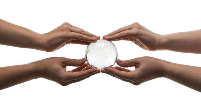 Isolated Hands Surrounding Glowing Sphere Crystal Ball on Transparent