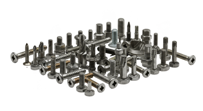 Isolated Hardware Many Metal Silver Screws And Bolt Pile on Transparent