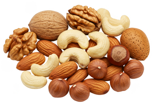 Isolated Heap of Mixed Nuts Walnuts Almonds Cashews and Hazelnuts Food