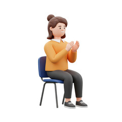 3D Illustration of Woman Sitting on Chair Clapping Hands on Transparent