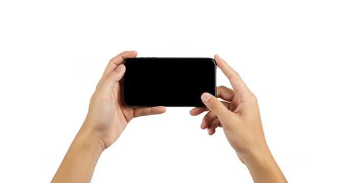Isolated Holding Phone by Two Hands in Horizontal Position on Transparent