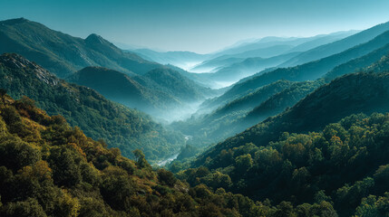 Verdant mountain range cascades into misty valley. Landscape shows layered ridges, lush forest, ethereal fog. For travel, environment, web, design.