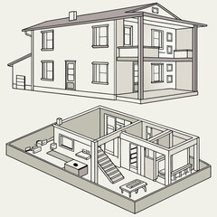 2D Floor Plan Two Unit House Design 40x50 Feet Black and White Layout Idea