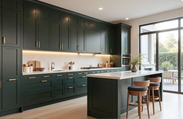 Dark green kitchen with brass hardware and white quartz counters, diagonal wide interior photo for elegant modern living visuals