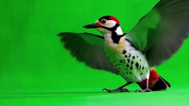 Woodpecker with red head and wings spread wide open against a green screen background view green screen bird video