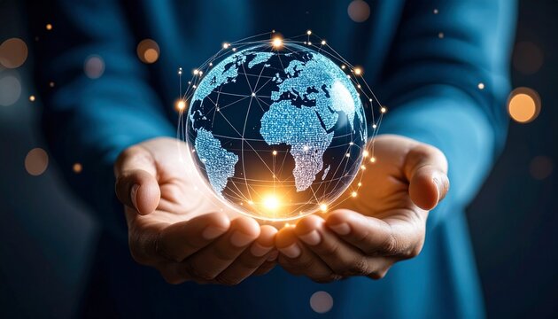 Hands holding a glowing digital globe with network connections, a futuristic concept for global business, communication, data analysis, and technology on a dark blue background.