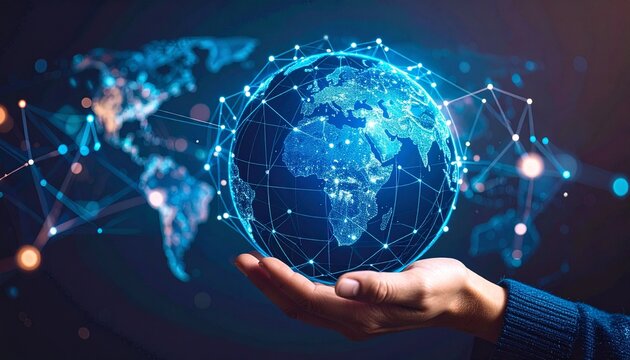 Futuristic concept of global technology with a hand holding a glowing blue digital Earth, surrounded by a data network and abstract world map. - Powered by Adobe