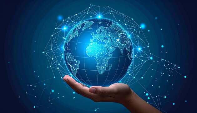 Human hand holding a luminous digital world globe with abstract network connections. Concept for global technology, big data, business, and futuristic innovation.