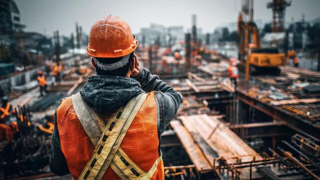 Amidst a lively construction scene an Asian architect in a safety helmet and orange vest surveys the structural framework of steel beams with workers and equipment in motion illustrating