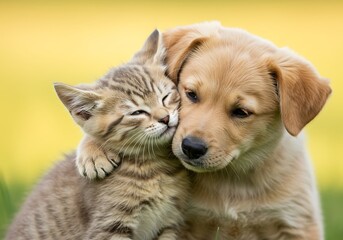 Adorable Puppy and Kitten Embrace in a Field. Generative Ai