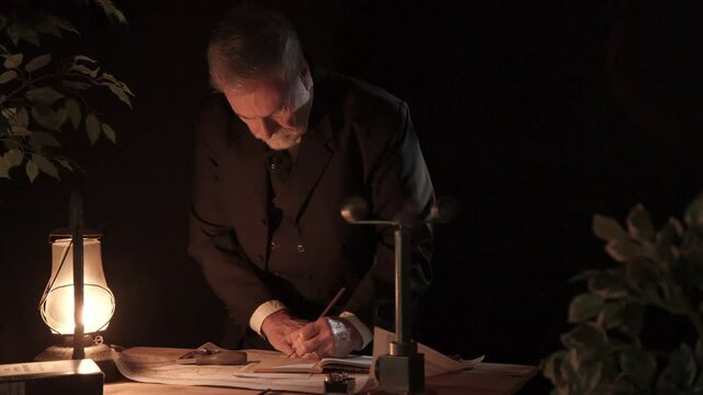 Victorian meteorologist outdoor writing notes on weather findings