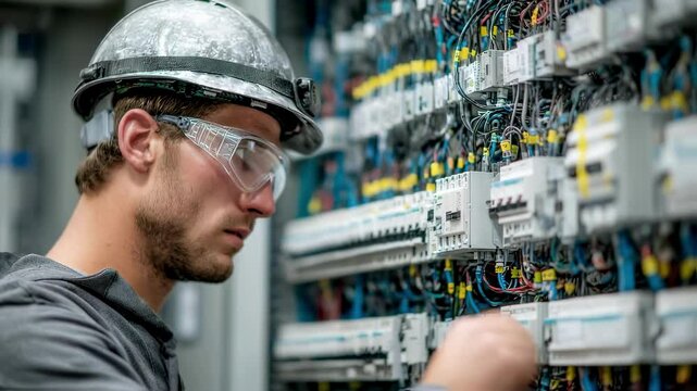 Focused on his task an industrial electrician with safety goggles surveys a densely wired electrical panel illustrating the precision and technical knowledge required in highstakes