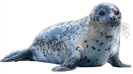 Aquatic mammal with grey spotted fur, whiskers, and flippers, resting on a surface