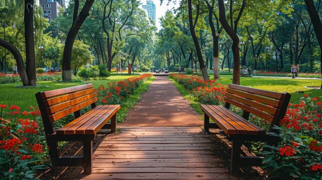 Path with benches, green trees, red flowers in a tranquil urban park scene - Powered by Adobe