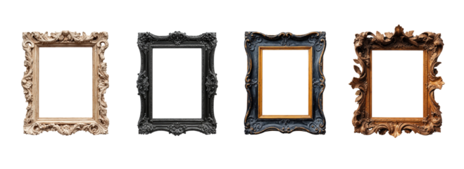 Set of four ornate vintage picture frames in baroque and rococo styles with carved detailing isolated on transparent background for interior decor or art mockups