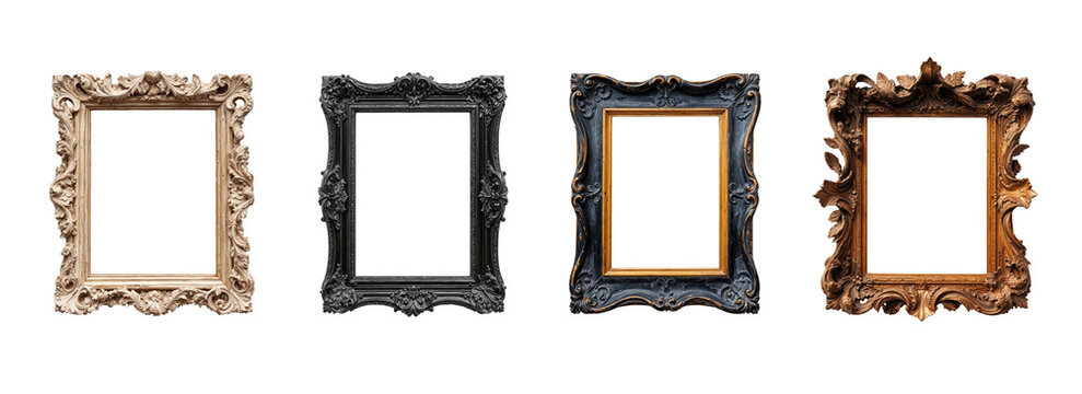 Set of four ornate vintage picture frames in baroque and rococo styles with carved detailing isolated on transparent background for interior decor or art mockups