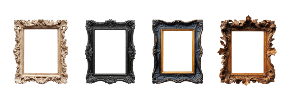 Set of four ornate vintage picture frames in baroque and rococo styles with carved detailing isolated on transparent background for interior decor or art mockups