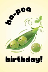 Cute Birthday Card with "Ha-Pea Birthday" Pun and Pea Illustration 
