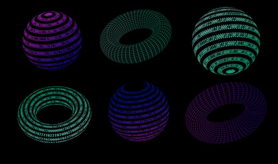 Vector illustration in a digital cyber style features six 3D spheres and torus shapes with glowing wireframes and binary code. Main colors include neon blue, green, and purple on a black background.