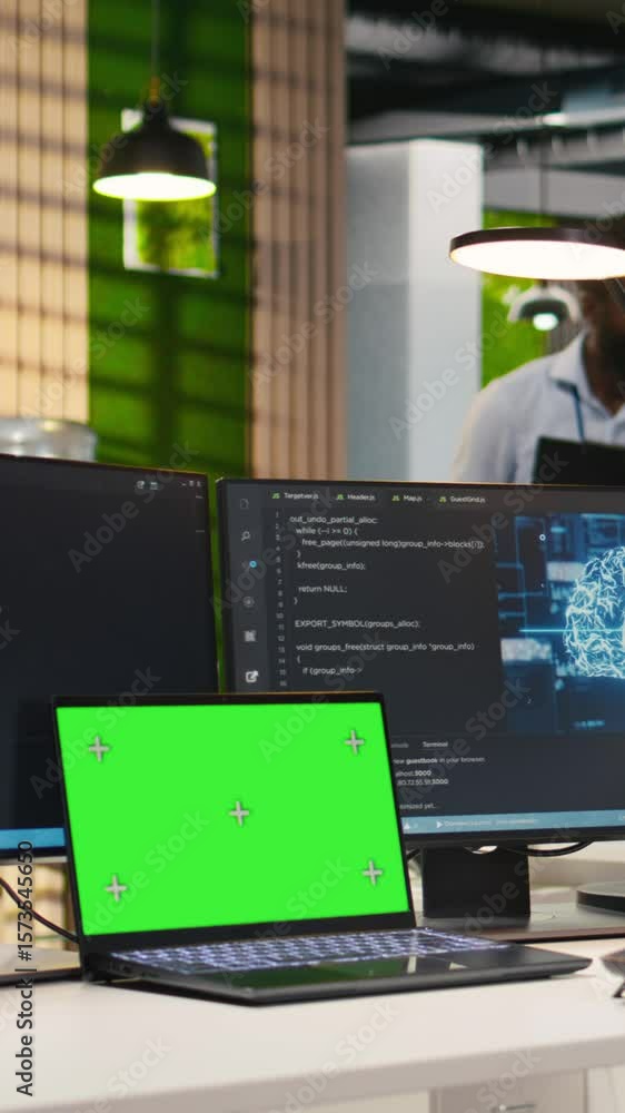 Poster vertical video admin in office using isolated screen laptop, automating repetitive tasks with ai scr