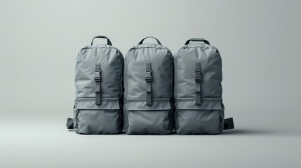 Naklejka premium Three grey backpacks stand in a row on a grey surface, lit evenly. Clean, minimal studio shot