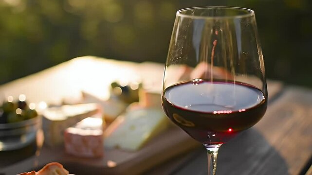 Elegant Glass of Ruby Red Wine with Assorted Cheeses on Wooden Table in Soft Natural Lighting