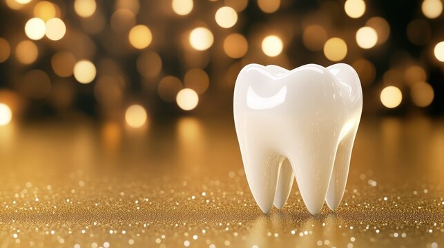 Healthy human tooth glowing on blurred golden background, copy space