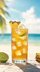 Present a vibrant real-life photograph of a refreshing rum punch served in a tall glass, adorned with tropical fruits like pineapple and lime, ice cubes glistening in the sunlight, beach backdrop