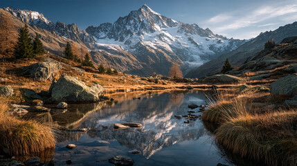 Mountain reflects in alpine lake. Scenery shows nature, travel, outdoor adventure. Ideal for marketing, website, or editorial.