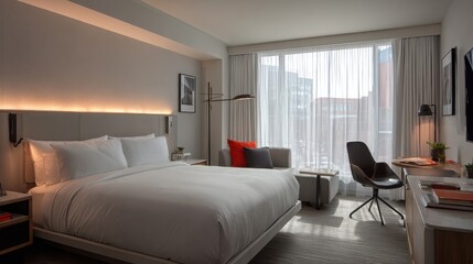 Luxury hotel room interior with king bed, mood lighting, and sleek modern decor