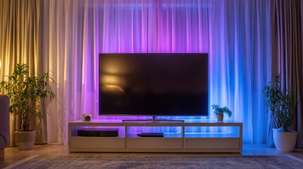 Modern entertainment room with flat screen TV, ambient lights, and minimalist decor