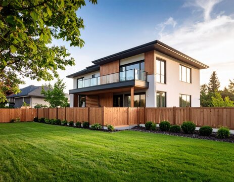 Modern house exterior with lush lawn