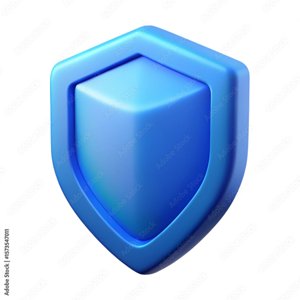 Aufkleber 3d render of a shiny blue shield with a central cube isolated on black background