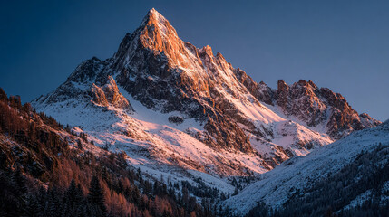 Mountain Peak Glows in Alpine Winter Sunrise. Snowy landscape image for travel blogs, nature marketing, outdoor adventures, web design.