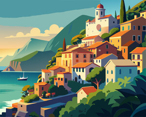 colorful illustration of a charming Italian coastal town with houses perched on the seaside cliff