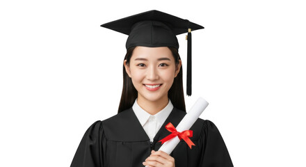 Happy Asian Graduate Woman Holding Diploma Scroll Wearing Graduation Cap and Gown PNG