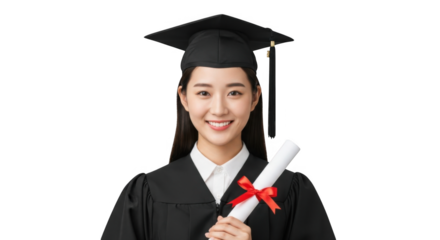 Happy Asian Graduate Woman Holding Diploma Scroll Wearing Graduation Cap and Gown PNG