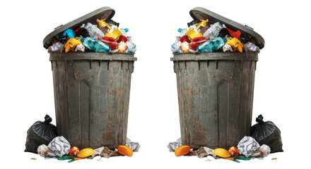 Realistic Illustration of Two Full Trash Cans Overflowing Waste Debris