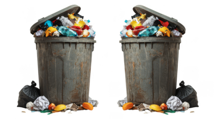Realistic Illustration of Two Full Trash Cans Overflowing Waste Debris