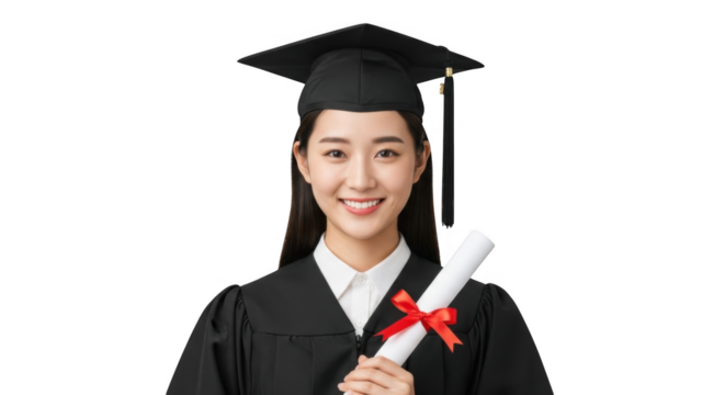 Happy Asian Graduate Woman Holding Diploma Scroll Wearing Graduation Cap and Gown PNG