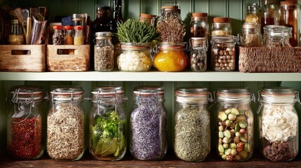 Open-shelf kitchen with jars of spices, dried herbs, and organized ingredients