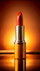 Luxurious red lipstick in golden case with warm orange glow