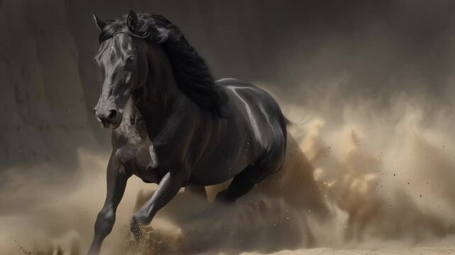 A galloping horse, a black horse, beautiful and tall