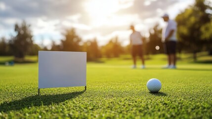 Empty sign on a golf course with golfers in the background.