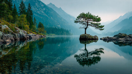 Serene lake reflects solitary tree, misty mountains in alpine landscape. Promotes peace, nature, travel. Great for web, marketing, design.