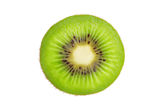 Fresh kiwi fruit slice cross-section isolated on white transparent background.