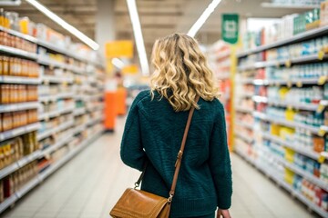 A woman comparing products in a grocery store shopping